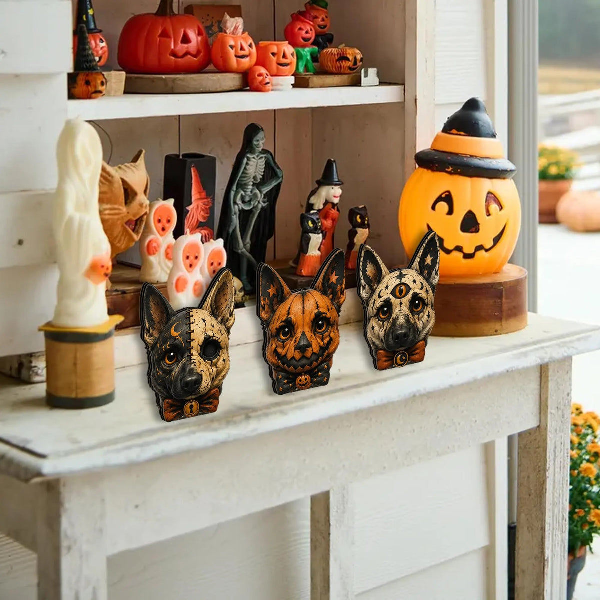 Vintage Halloween German Shepherd Wooden Block, Primitive Skull Dog Decor, Rustic Shelf Sitter, Spooky Indoor Home Decoration, Dog Lover Gift