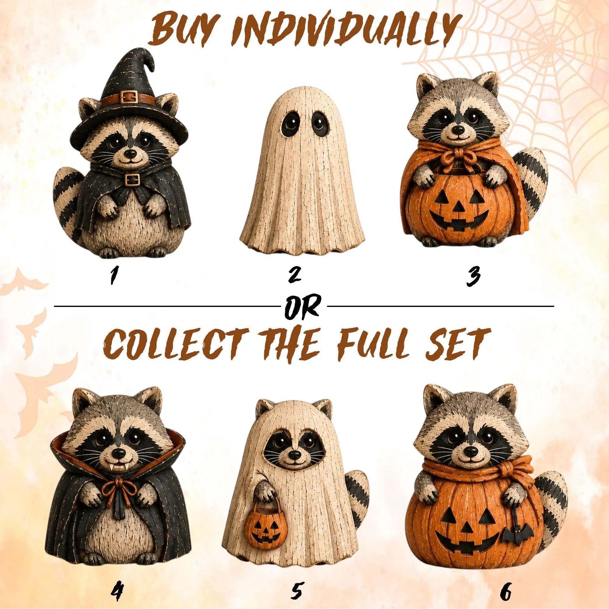 Unique Raccoon Halloween Figurines Handcrafted Wooden Animal Decor Spooky Autumn Mantel Shelf Display Witch Ghost Pumpkin