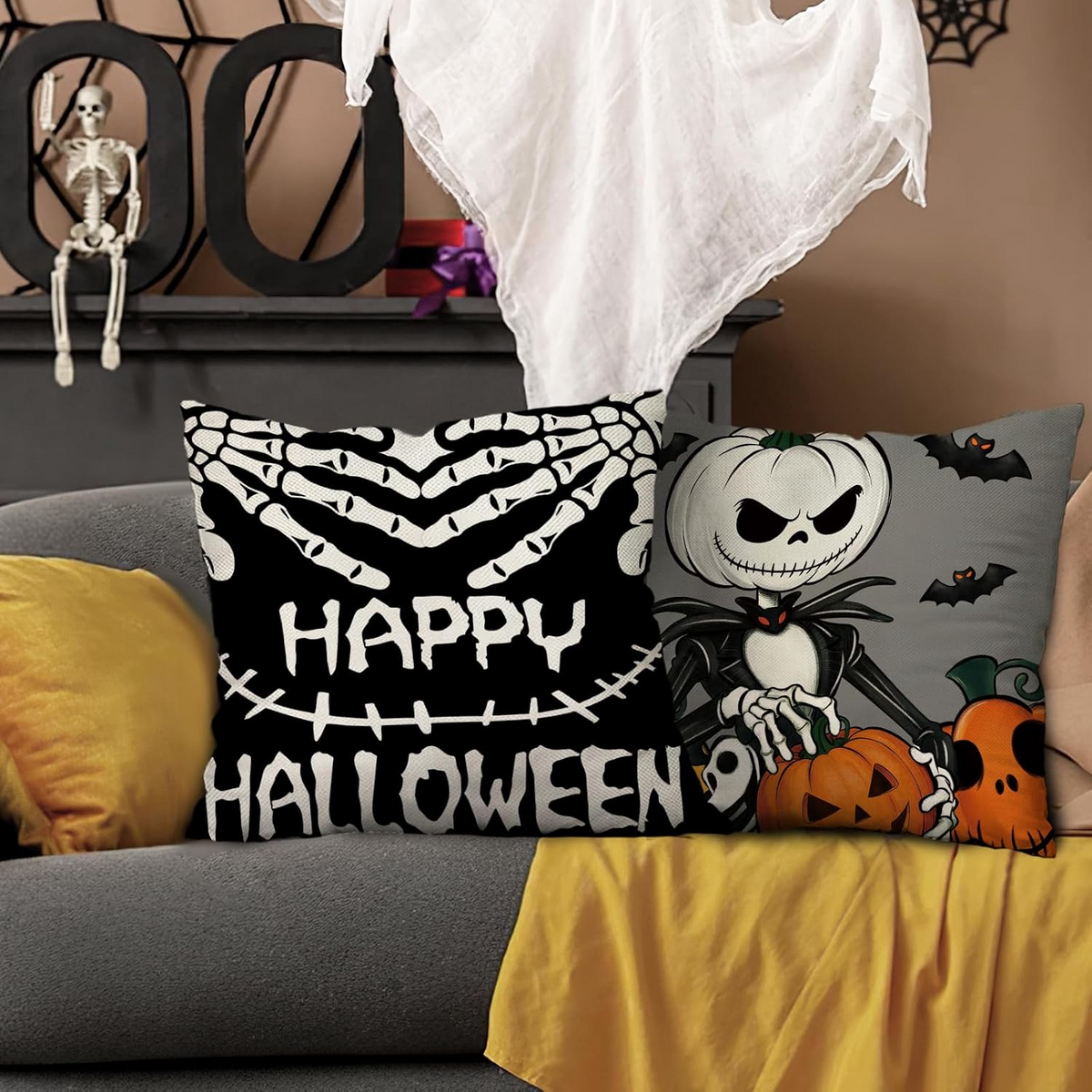Halloween Pillow Covers, Spooky Pumpkin King Skeleton Hands Throw Pillow Case, Gothic Fall Cushion Cover, Creepy Halloween Home Decor, Gift