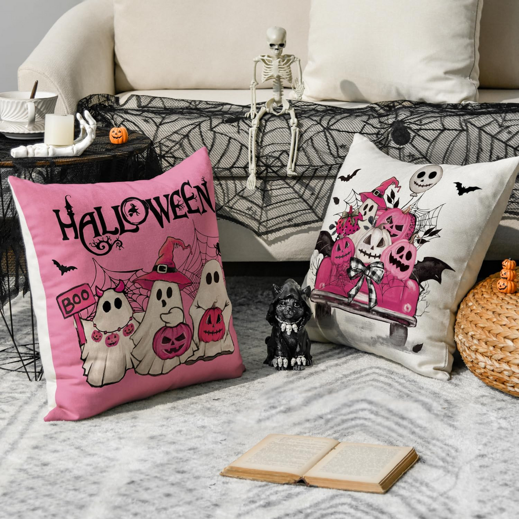 Halloween Ghost Boo Y'all Throw Pillow Cover, Pink Car Pumpkin Cushion Case, Spooky Fall Home Decor, Cute Halloween Decoration