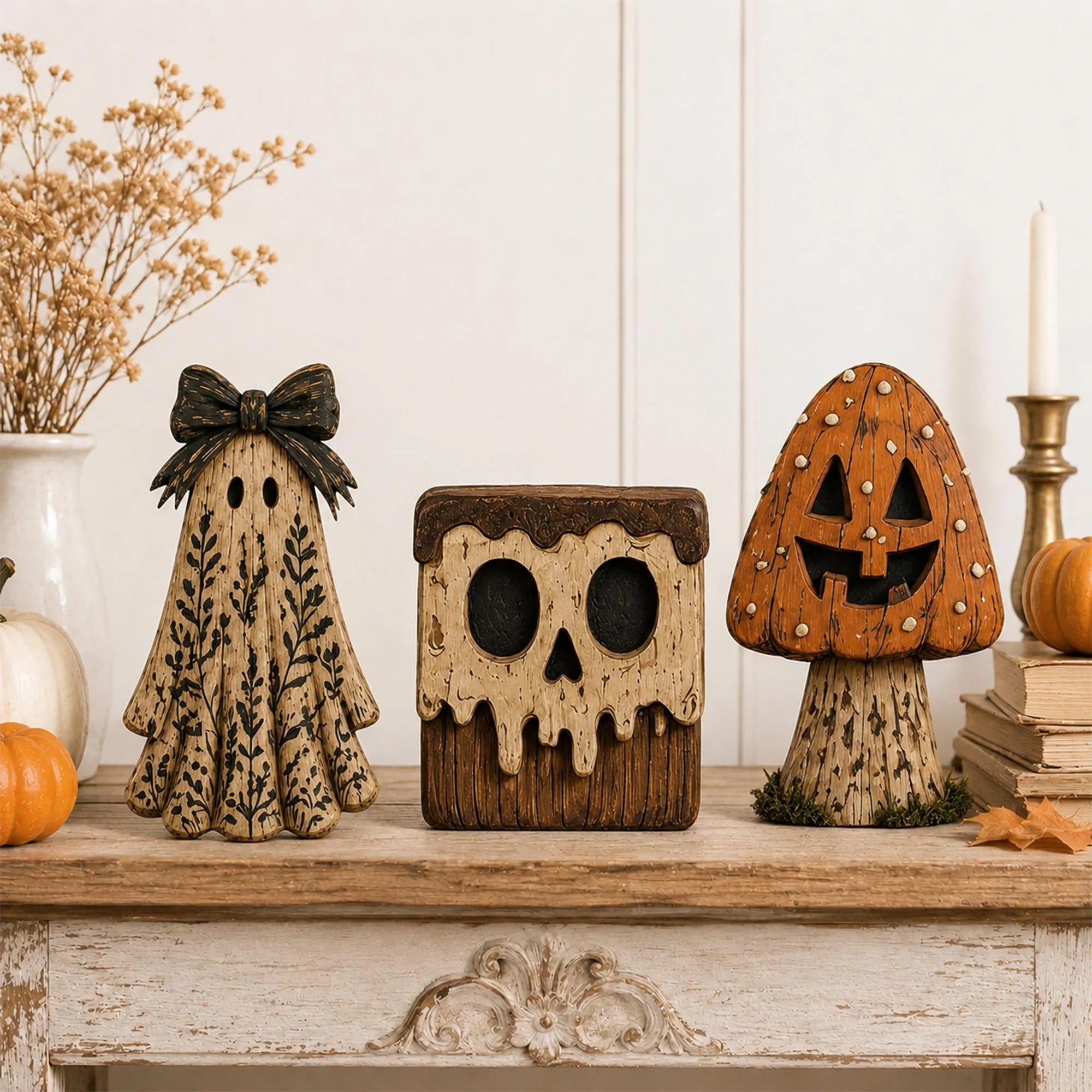 Rustic Halloween Wooden Blocks - Spooky Farmhouse Autumn Decor - Handcrafted Ghost Mushroom Skull Figurines for Shelf Mantel