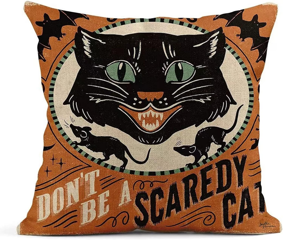 Retro Halloween Pillowcase, Scary Black Cat & Pumpkin Throw Pillow Cover, Vintage Spooky Fall Cushion Case, Gothic Home Decor, Halloween Gift