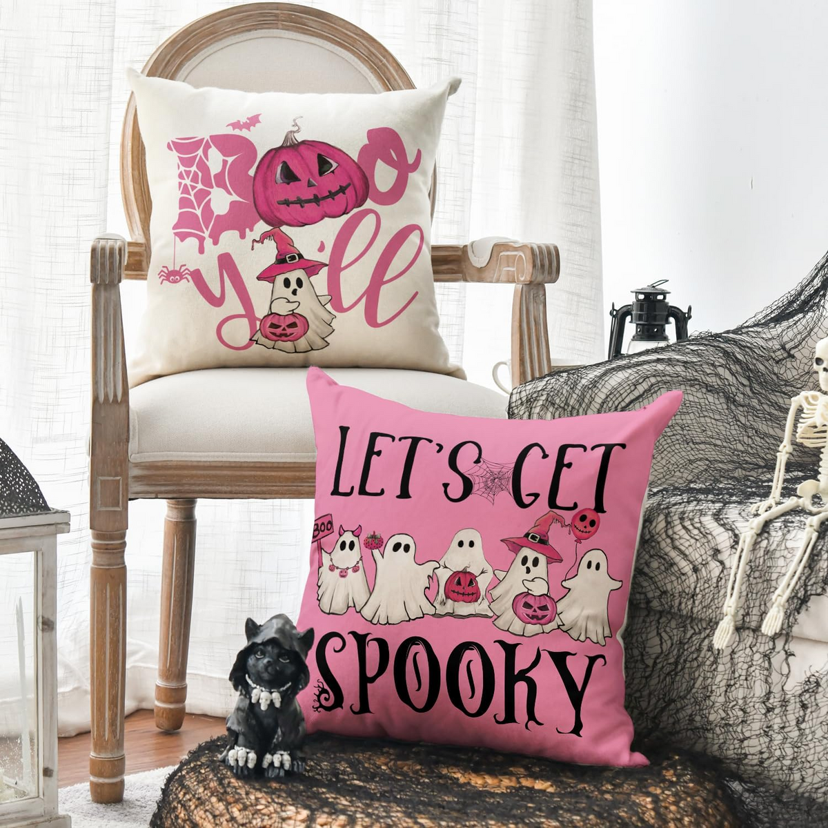 Halloween Ghost Boo Y'all Throw Pillow Cover, Pink Car Pumpkin Cushion Case, Spooky Fall Home Decor, Cute Halloween Decoration