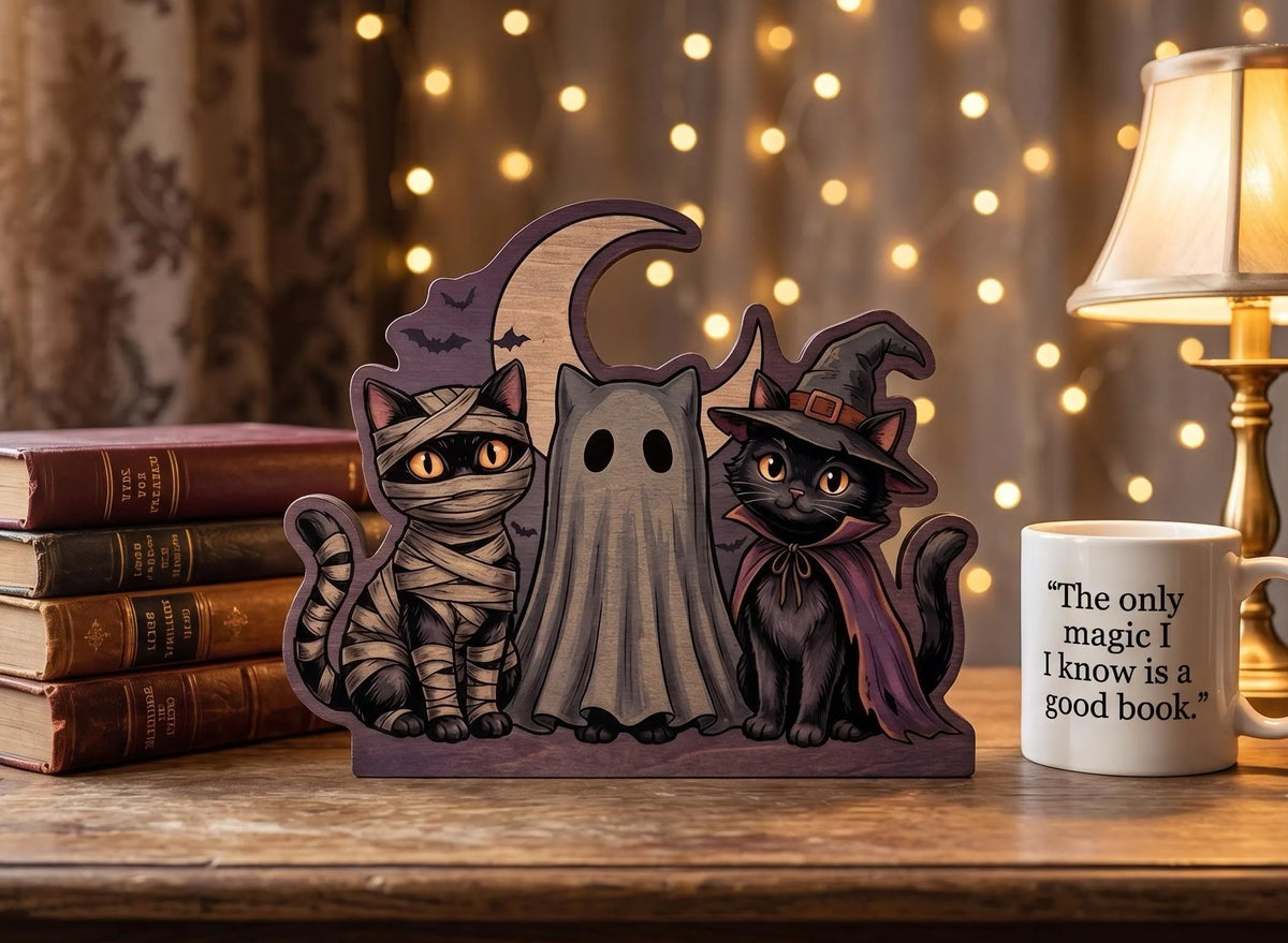 Halloween Cat Trio Wooden Block Decor, Mummy Witch Ghost Black Cat Shelf Sitter, Spooky Rustic Fall Tabletop Decoration, Halloween Home Decor