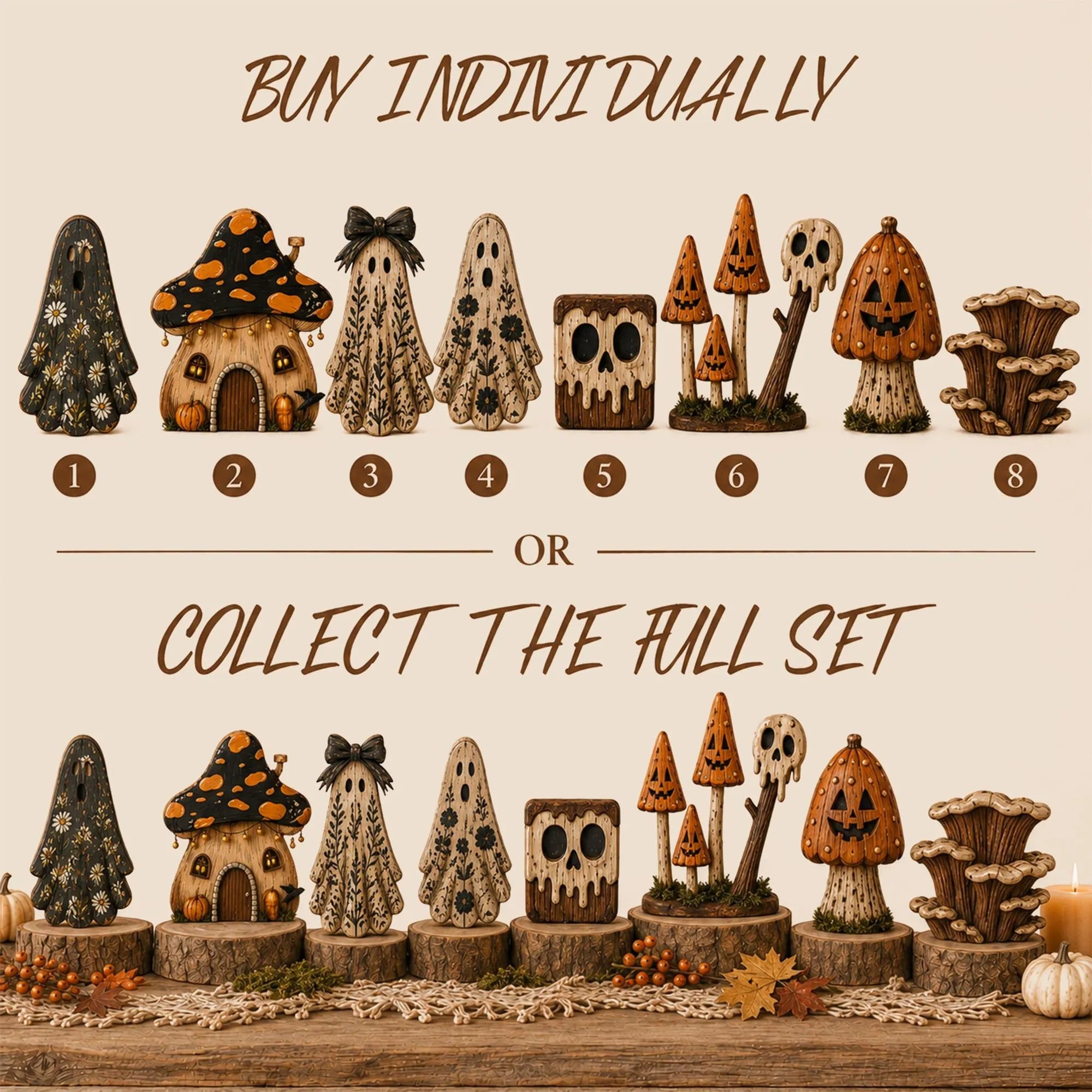 Rustic Halloween Wooden Blocks - Spooky Farmhouse Autumn Decor - Handcrafted Ghost Mushroom Skull Figurines for Shelf Mantel