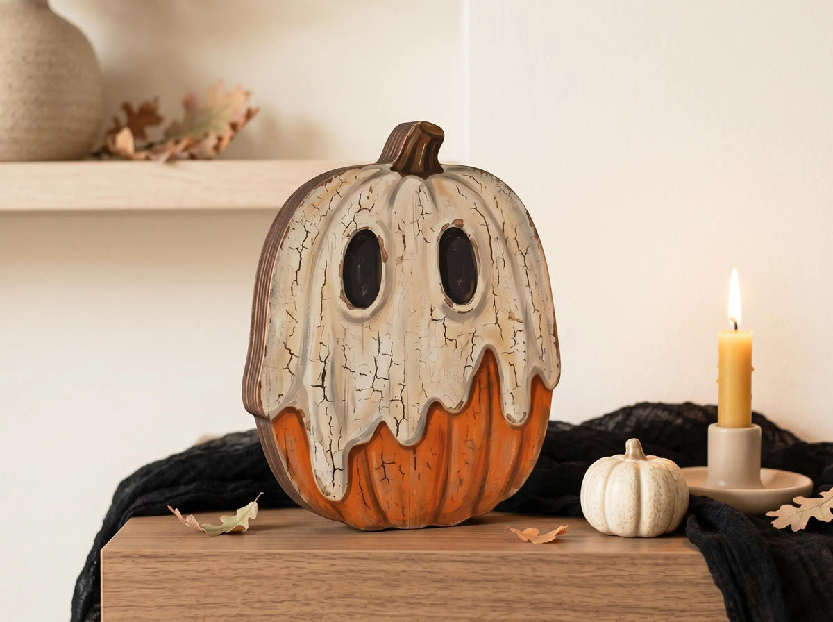 Vintage Halloween Wooden Block Decor, Retro Fall Shelf Sitter, Ghost Black Cat Pumpkin Skeleton Witch Owl Zombie Vampire, Spooky Indoor Home Decoration