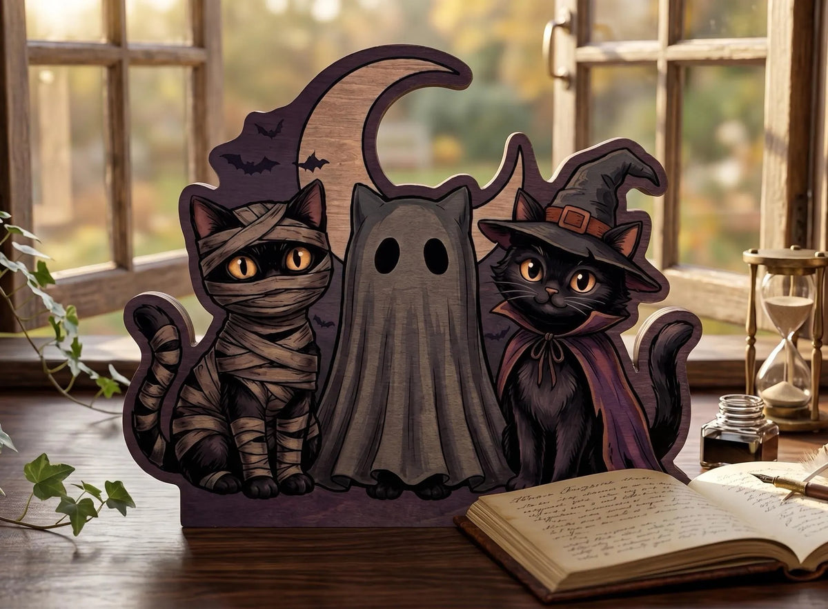 Halloween Cat Trio Wooden Block Decor, Mummy Witch Ghost Black Cat Shelf Sitter, Spooky Rustic Fall Tabletop Decoration, Halloween Home Decor