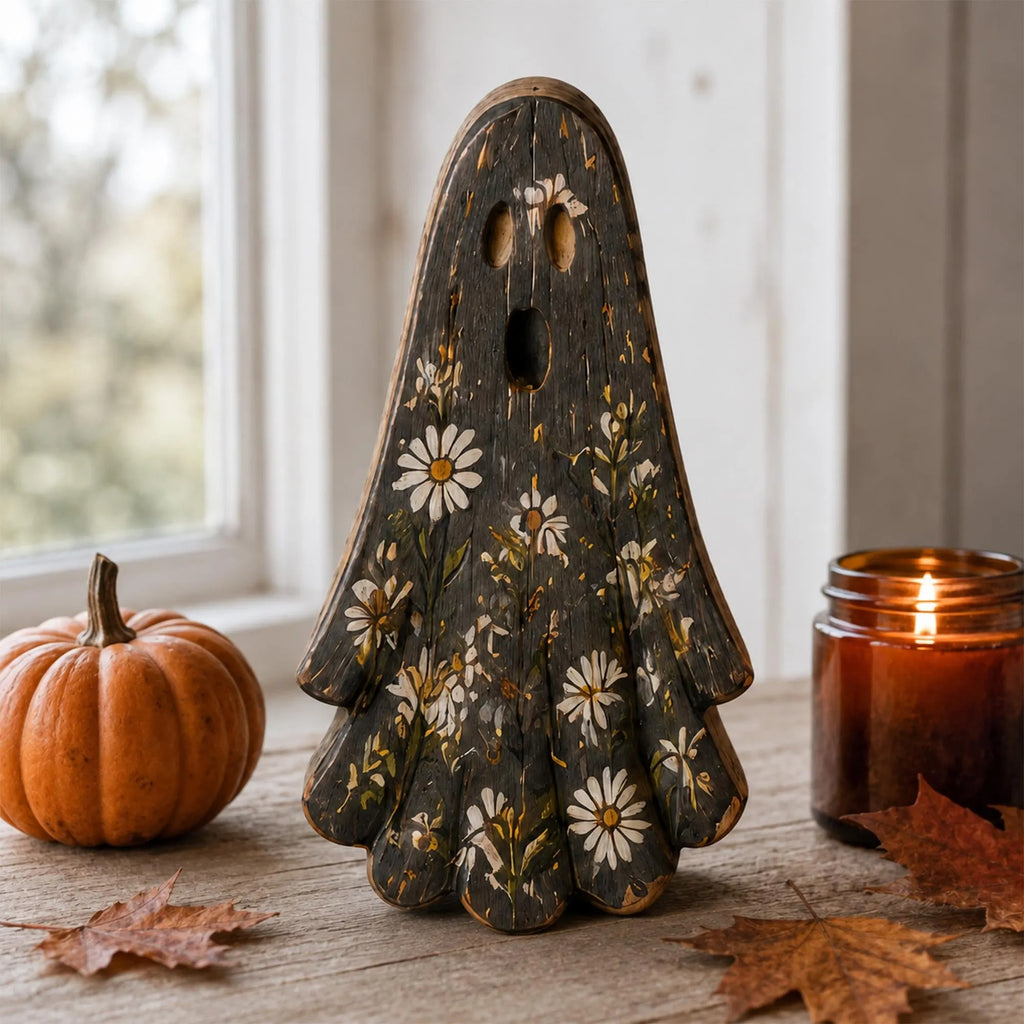 Rustic Halloween Wooden Blocks - Spooky Farmhouse Autumn Decor - Handcrafted Ghost Mushroom Skull Figurines for Shelf Mantel