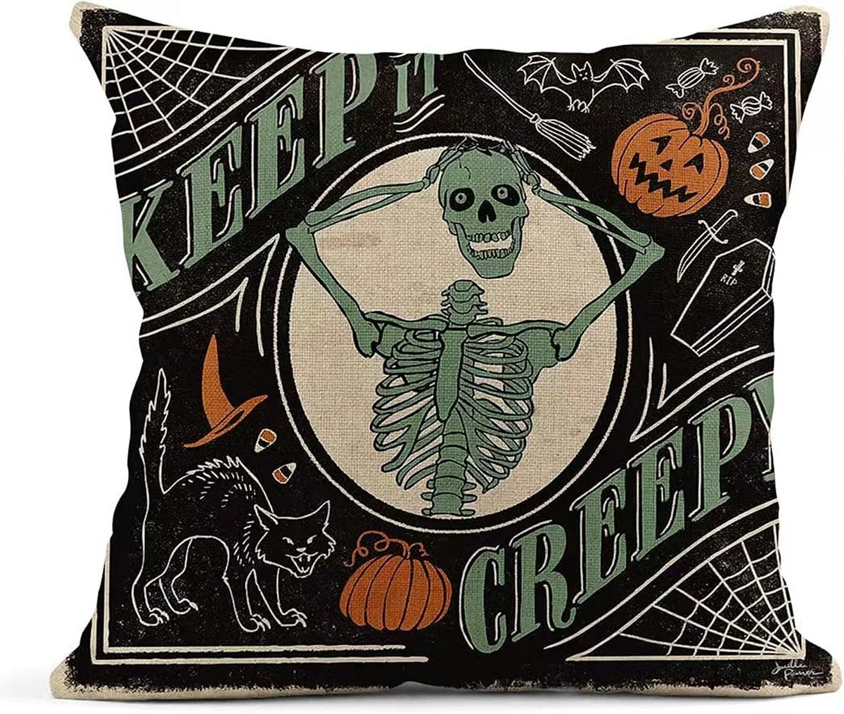 Retro Halloween Pillowcase, Scary Black Cat & Pumpkin Throw Pillow Cover, Vintage Spooky Fall Cushion Case, Gothic Home Decor, Halloween Gift