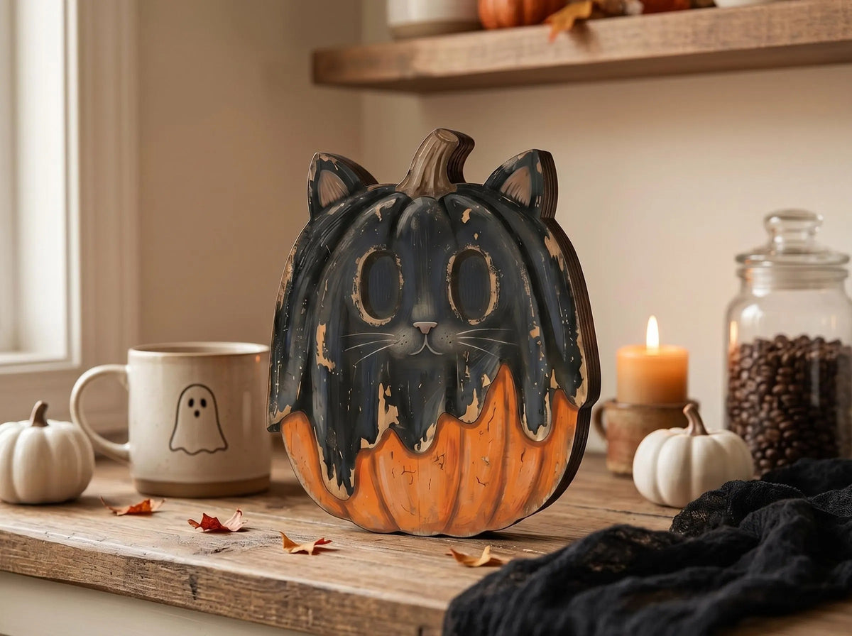 Vintage Halloween Wooden Block Decor, Retro Fall Shelf Sitter, Ghost Black Cat Pumpkin Skeleton Witch Owl Zombie Vampire, Spooky Indoor Home Decoration