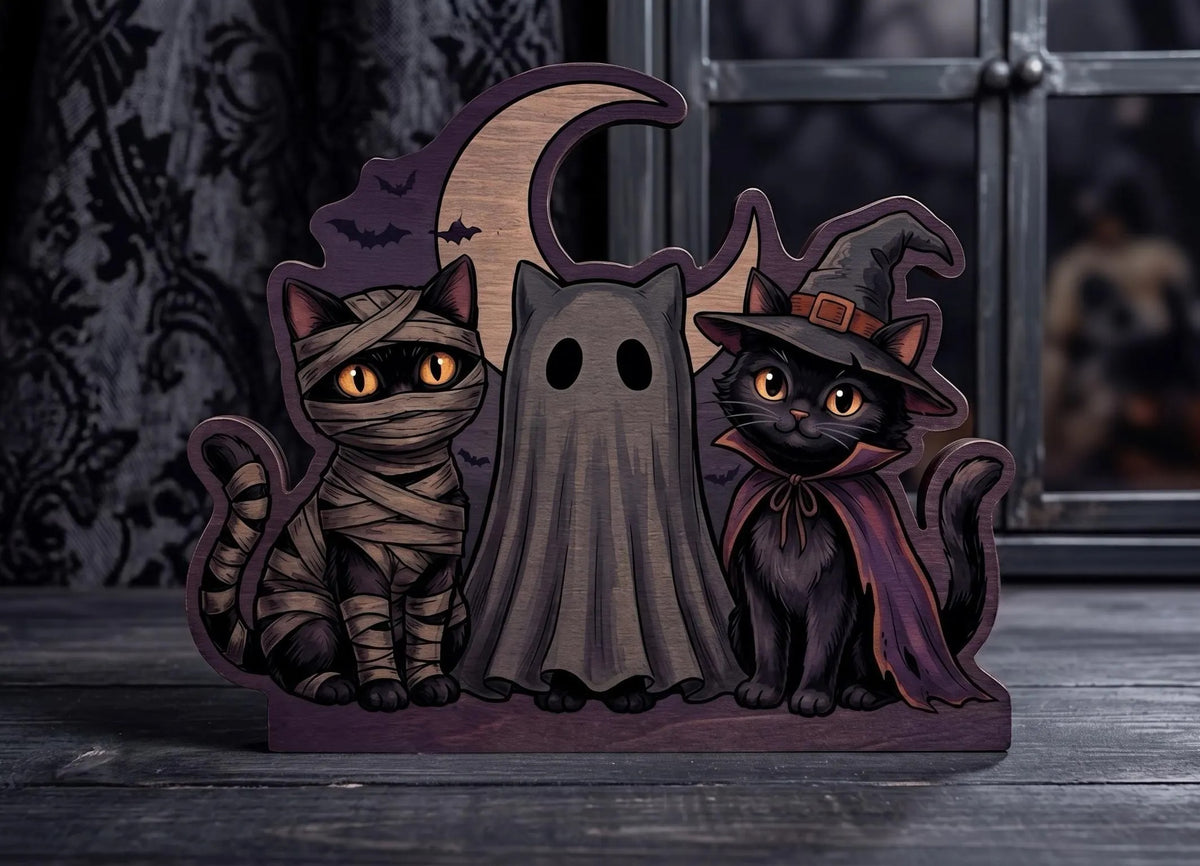 Halloween Cat Trio Wooden Block Decor, Mummy Witch Ghost Black Cat Shelf Sitter, Spooky Rustic Fall Tabletop Decoration, Halloween Home Decor