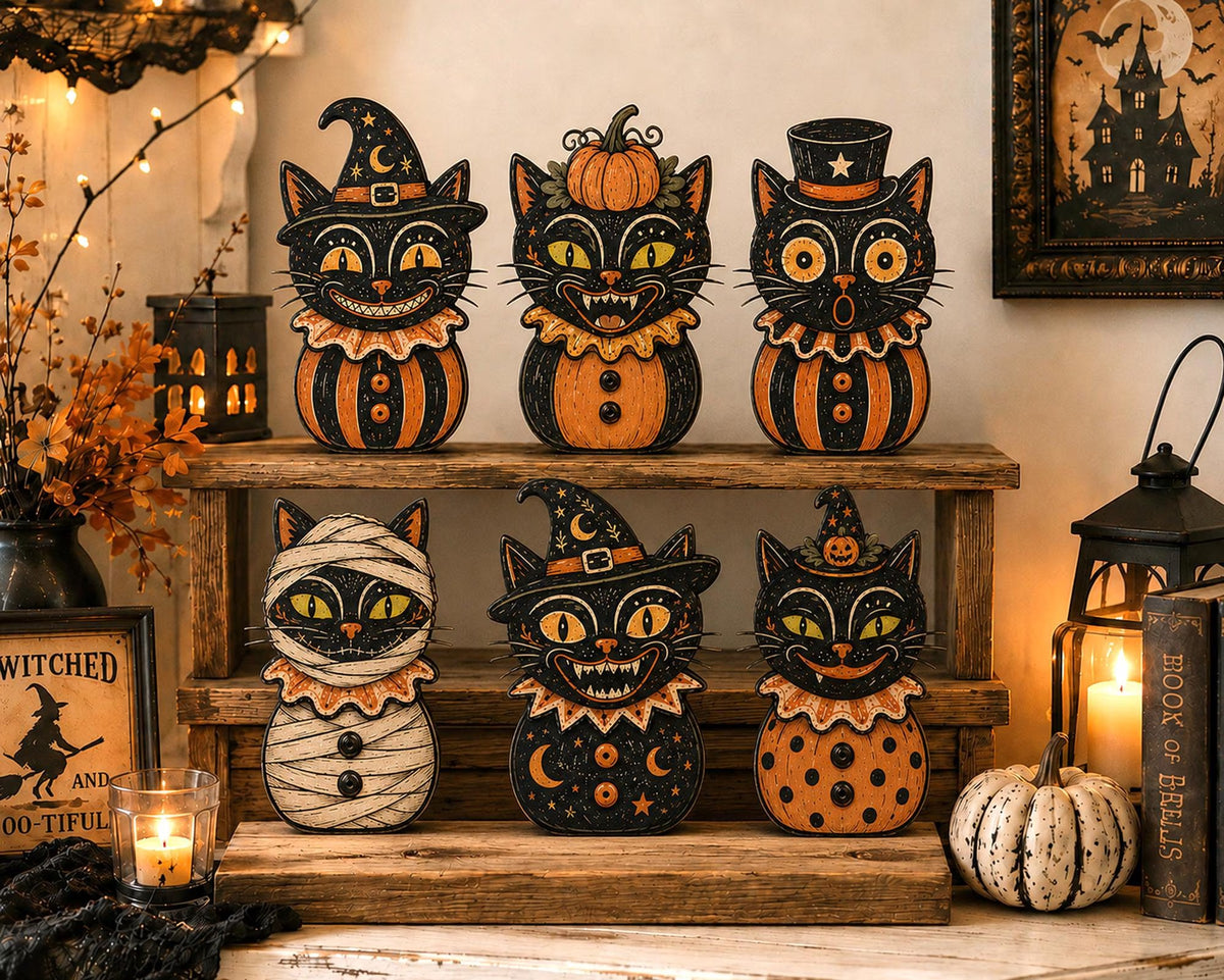 Vintage Halloween Wooden Block Sign, Black Cat Witch Decor, Retro Spooky Folk Art, Farmhouse Tiered Tray Decoration, Rustic Fall Halloween Gift