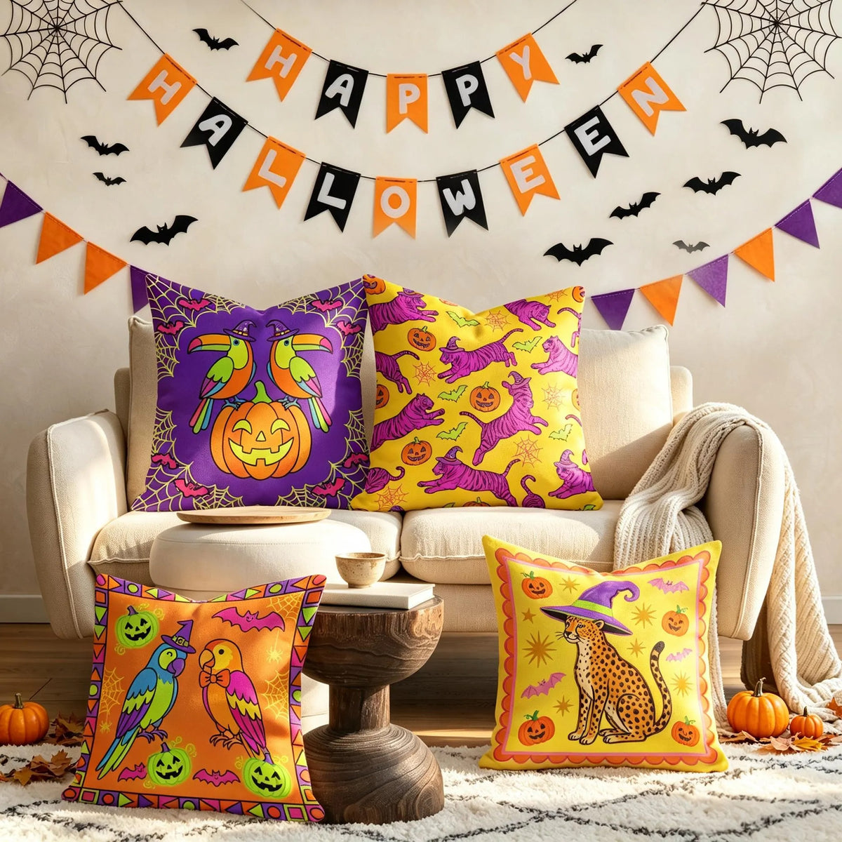 Autumn Pumpkin Halloween Pillow Cover, Tropical Parrot Dopamine Cushion Case, Outdoor Waterproof Throw Pillow Cover, Fall Home & Patio Decor