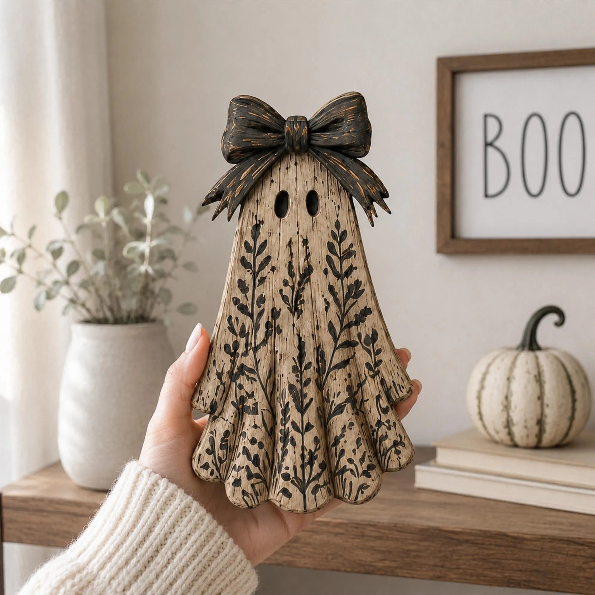 Rustic Halloween Wooden Blocks - Spooky Farmhouse Autumn Decor - Handcrafted Ghost Mushroom Skull Figurines for Shelf Mantel