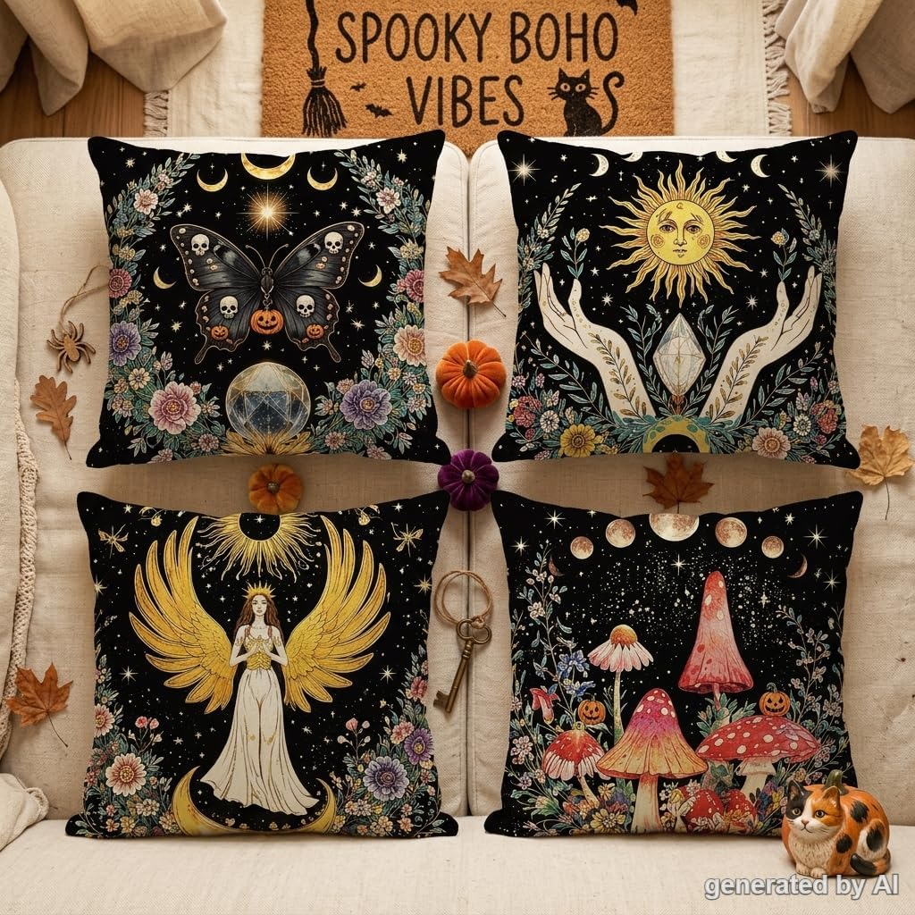 Boho Halloween Pillow Covers, Witchy Throw Pillow Cases, Spooky Fall Cushion Covers, Gothic Bohemian Home Decor, Halloween Gift