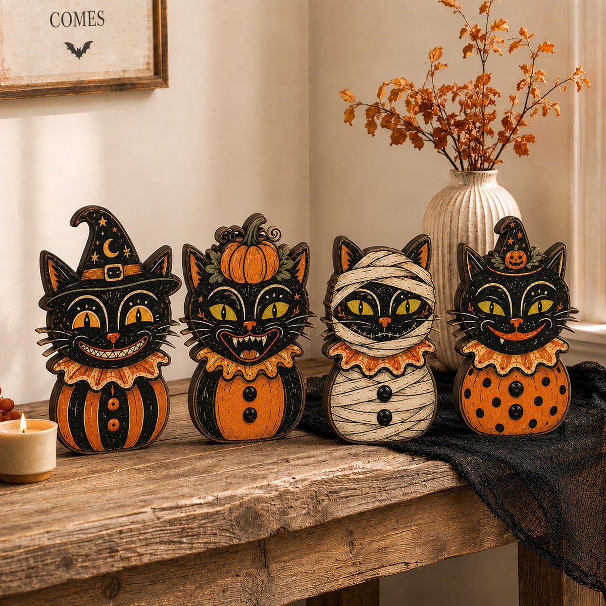 Vintage Halloween Wooden Block Sign, Black Cat Witch Decor, Retro Spooky Folk Art, Farmhouse Tiered Tray Decoration, Rustic Fall Halloween Gift