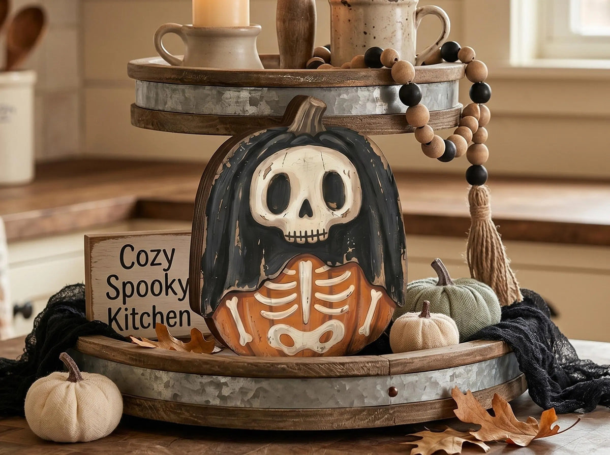 Vintage Halloween Wooden Block Decor, Retro Fall Shelf Sitter, Ghost Black Cat Pumpkin Skeleton Witch Owl Zombie Vampire, Spooky Indoor Home Decoration