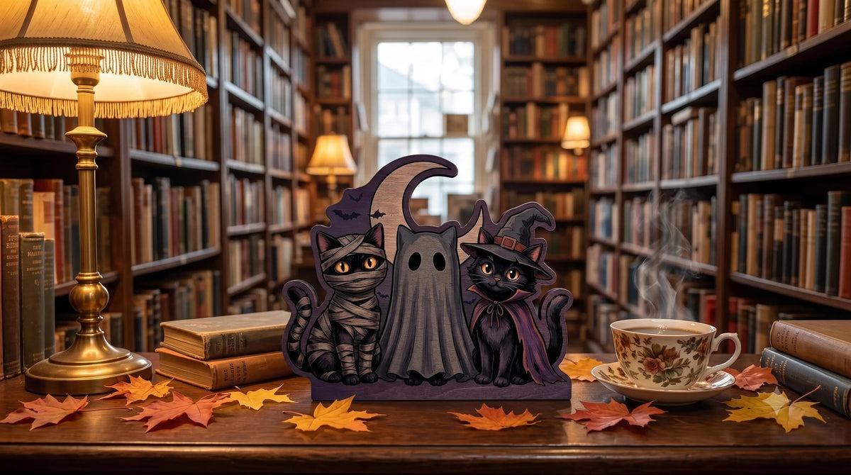 Halloween Cat Trio Wooden Block Decor, Mummy Witch Ghost Black Cat Shelf Sitter, Spooky Rustic Fall Tabletop Decoration, Halloween Home Decor
