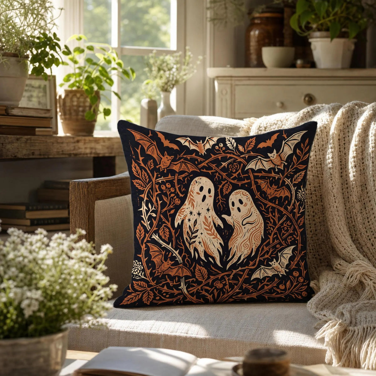 Black Halloween Throw Pillow Cover, Cute Ghost & Bats Cushion Case, Vintage Spooky Season Decor, Dark Academia Fall Home Accent