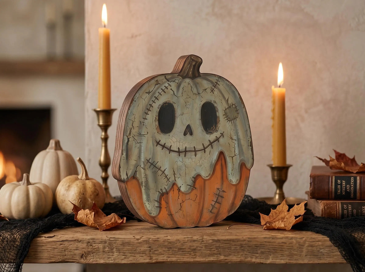 Vintage Halloween Wooden Block Decor, Retro Fall Shelf Sitter, Ghost Black Cat Pumpkin Skeleton Witch Owl Zombie Vampire, Spooky Indoor Home Decoration