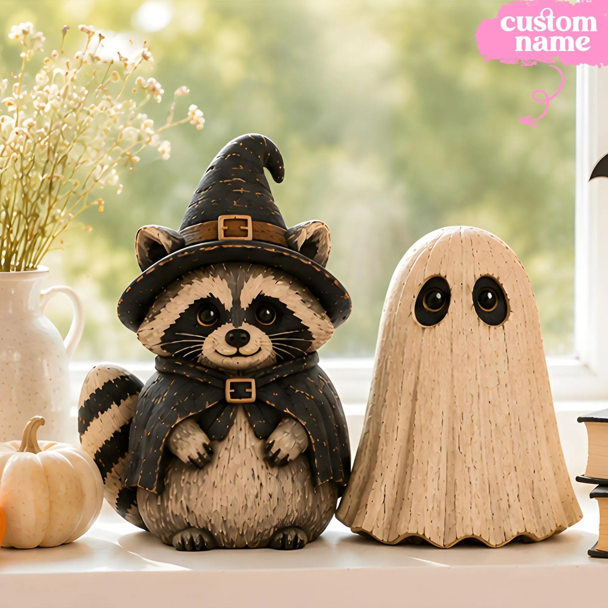 Unique Raccoon Halloween Figurines Handcrafted Wooden Animal Decor Spooky Autumn Mantel Shelf Display Witch Ghost Pumpkin