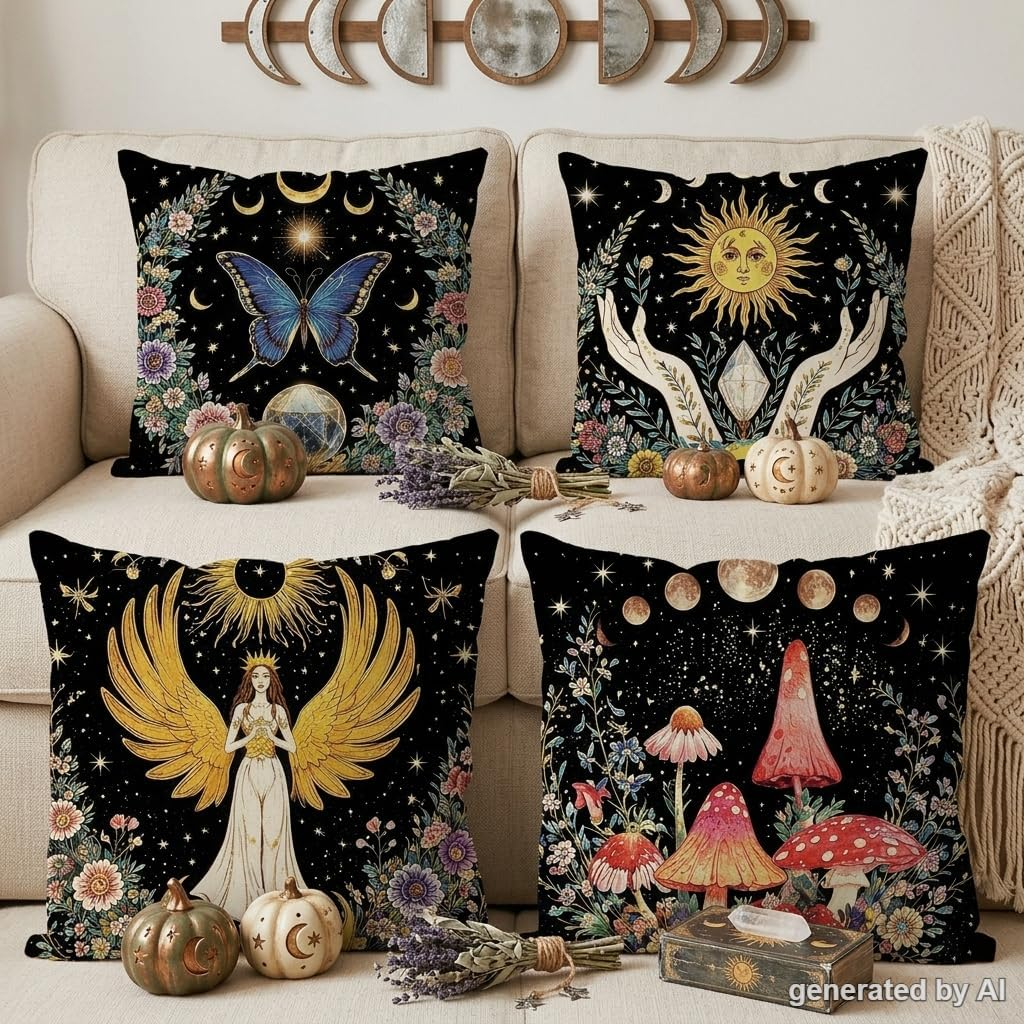 Boho Halloween Pillow Covers, Witchy Throw Pillow Cases, Spooky Fall Cushion Covers, Gothic Bohemian Home Decor, Halloween Gift