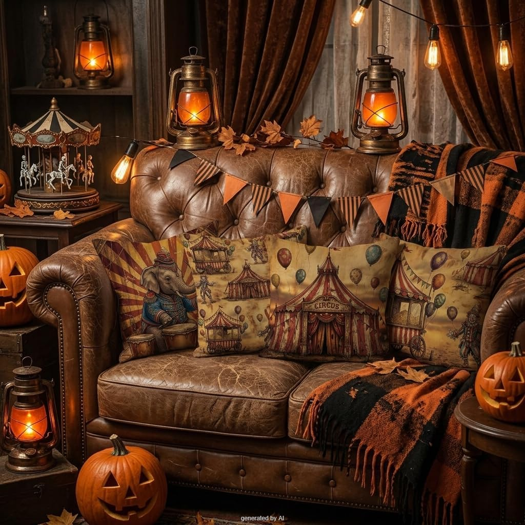 Halloween Pillow Covers, Spooky Circus Carnival Throw Pillow Cases, Creepy Fall Cushion Covers, Gothic Halloween Home Decor, Party Decoration