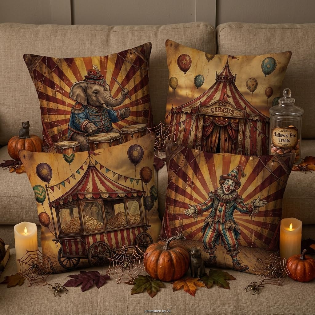 Halloween Pillow Covers, Spooky Circus Carnival Throw Pillow Cases, Creepy Fall Cushion Covers, Gothic Halloween Home Decor, Party Decoration