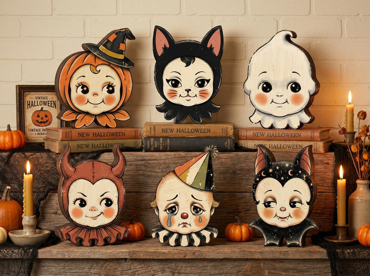 Vintage Halloween Wooden Block Decor, Retro Shelf Sitter with Ghost Pumpkin Black Cat Clown Bat, Rustic Indoor Home Decoration, Housewarming Gift