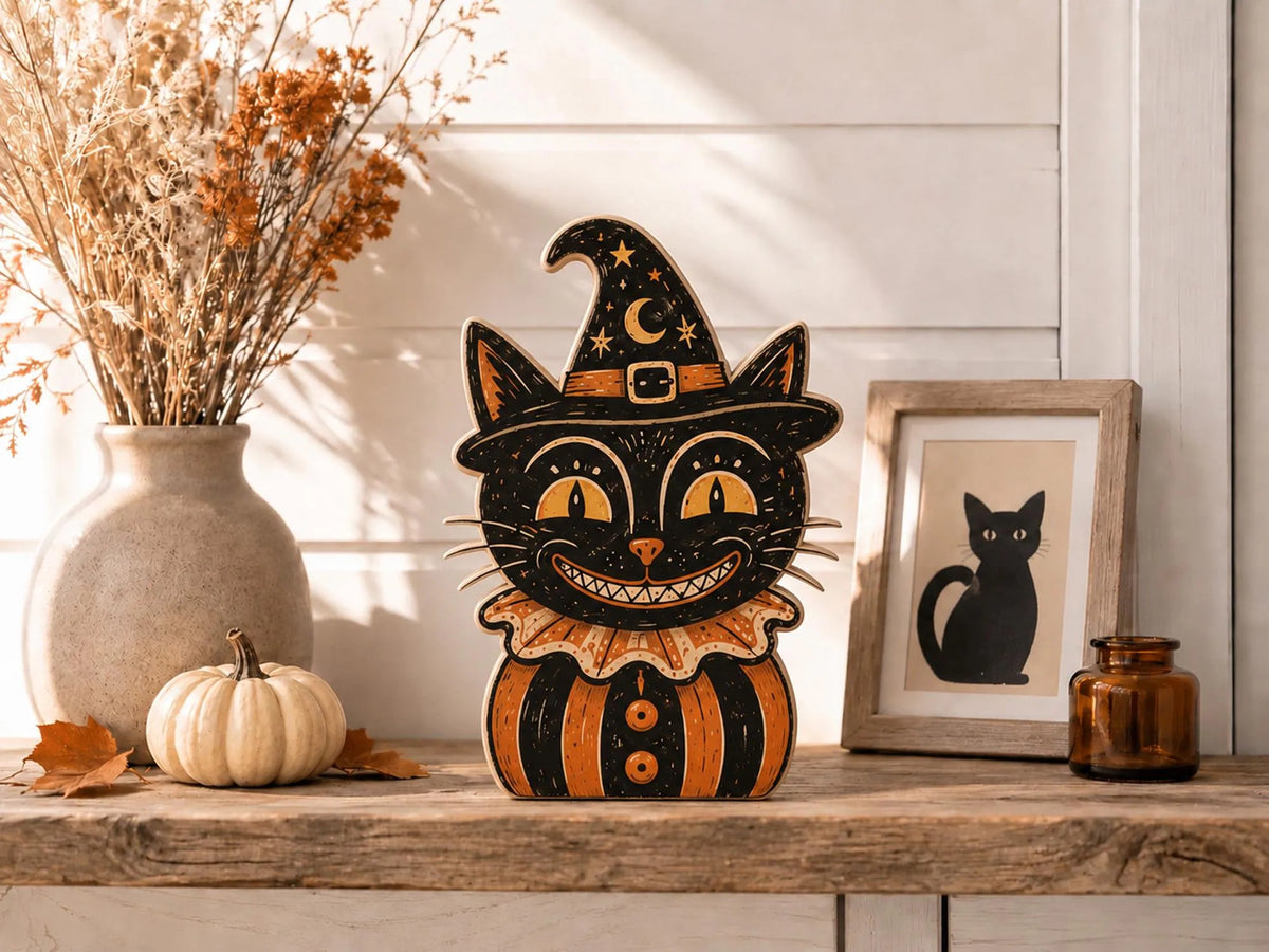 Vintage Halloween Wooden Block Sign, Black Cat Witch Decor, Retro Spooky Folk Art, Farmhouse Tiered Tray Decoration, Rustic Fall Halloween Gift