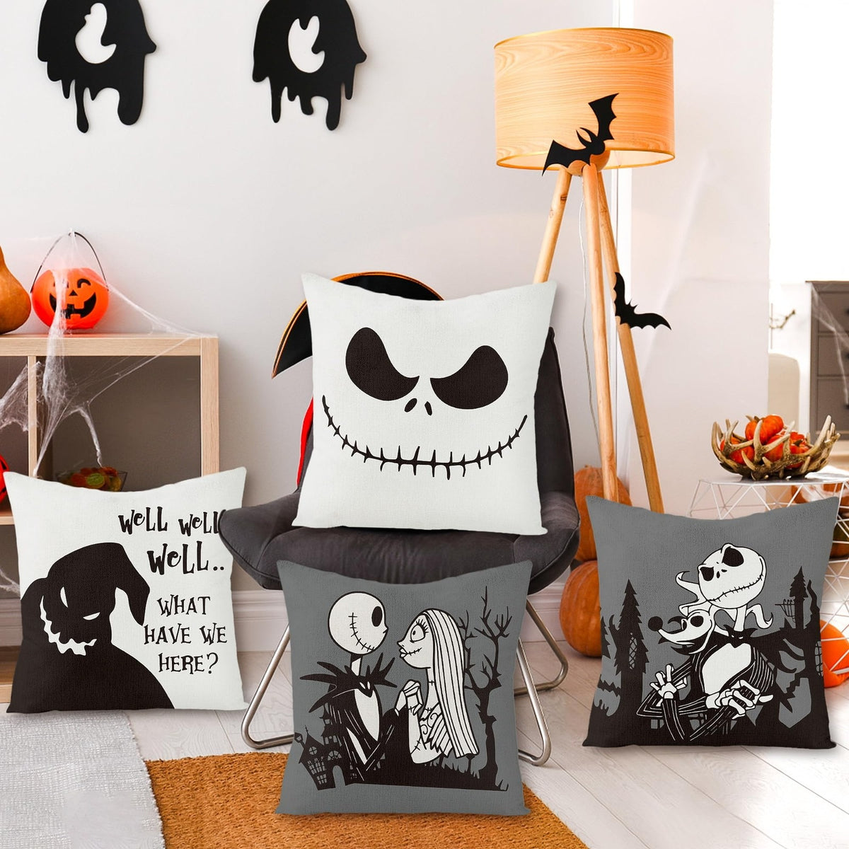 Halloween Jack & Sally Pillow Covers, Spooky Christmas Throw Pillow Case, Gothic Holiday Cushion, Halloween & Christmas Home Decor