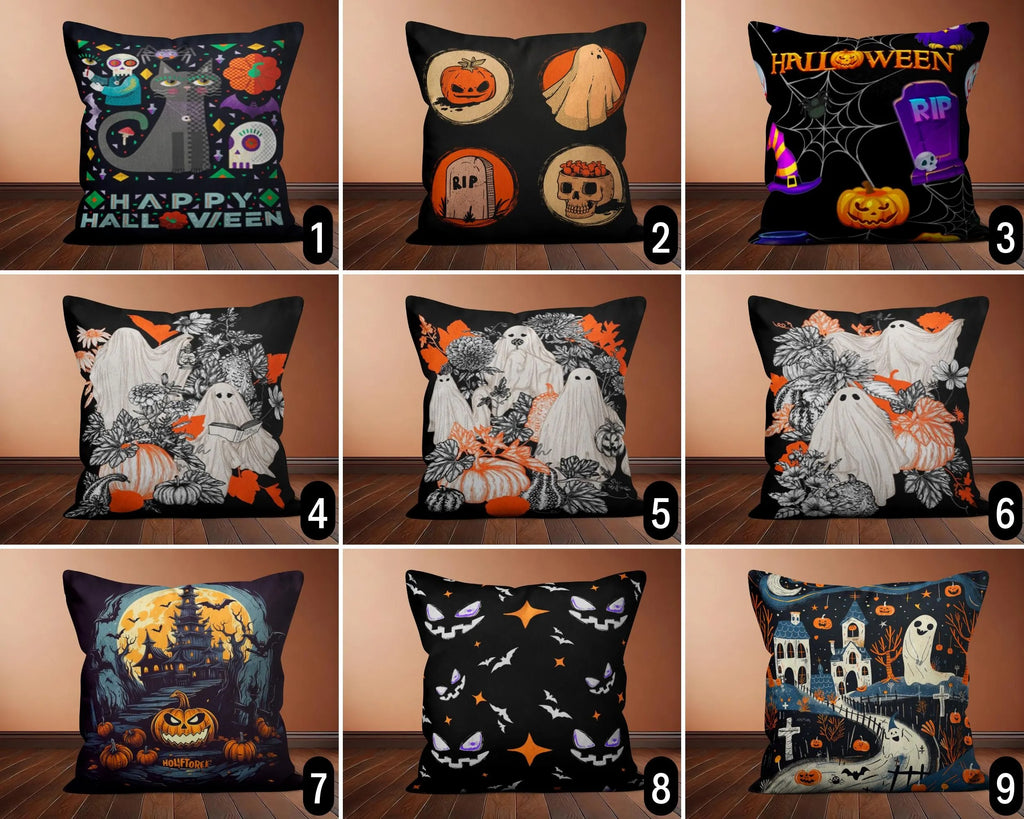 Black Halloween Accent Pillow Cover, Spooky Ghosts & Orange Pumpkin Cushion Case, Creepy Festive Throw Pillow, Fall Home Decor, Halloween Gift