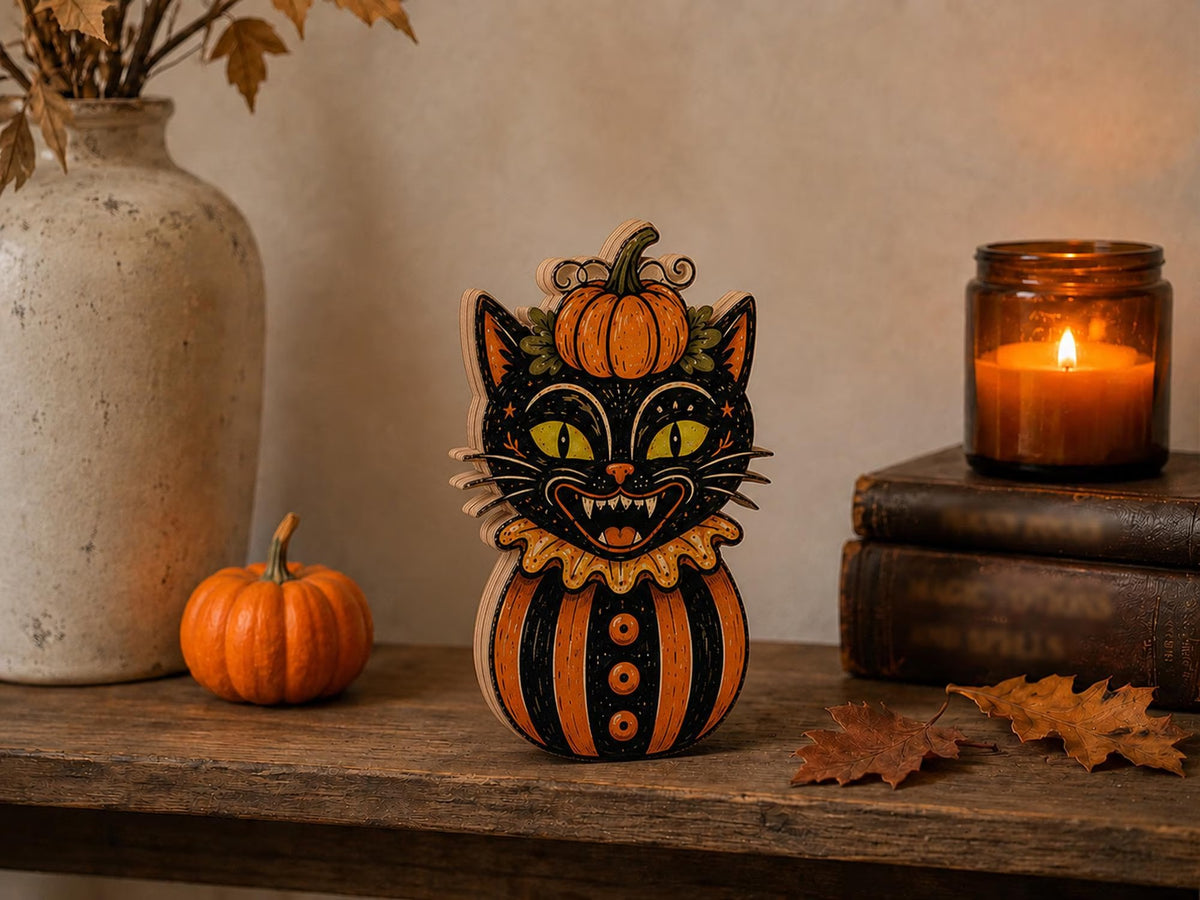 Vintage Halloween Wooden Block Sign, Black Cat Witch Decor, Retro Spooky Folk Art, Farmhouse Tiered Tray Decoration, Rustic Fall Halloween Gift
