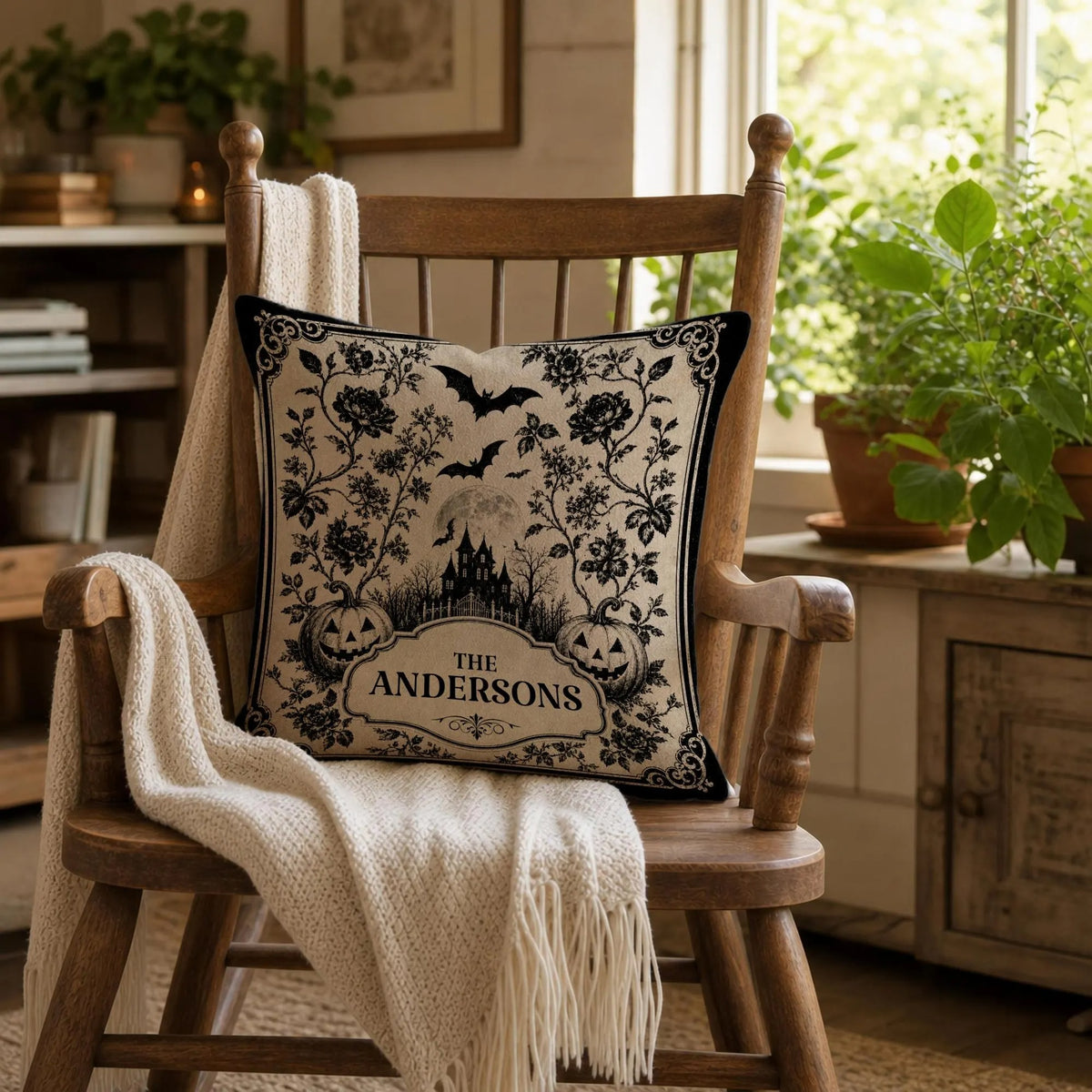 Custom Halloween Throw Pillow Cover, Black Beige Vintage Gothic Family Name Cushion Case, Spooky Fall Home Decor, Personalized Square Pillow