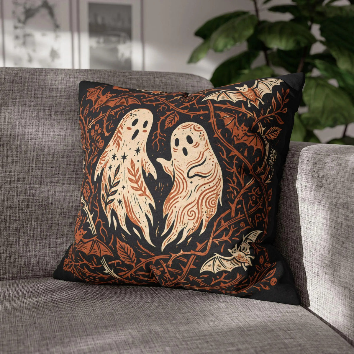 Black Halloween Throw Pillow Cover, Cute Ghost & Bats Cushion Case, Vintage Spooky Season Decor, Dark Academia Fall Home Accent