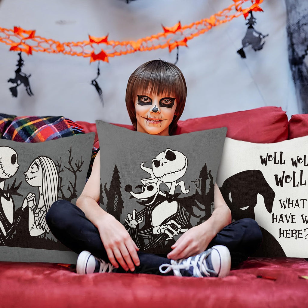 Halloween Jack & Sally Pillow Covers, Spooky Christmas Throw Pillow Case, Gothic Holiday Cushion, Halloween & Christmas Home Decor