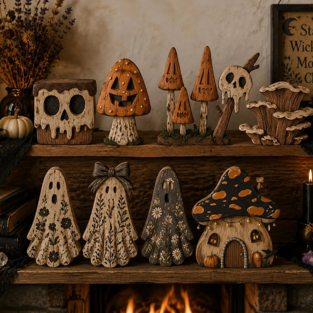 Rustic Halloween Wooden Blocks - Spooky Farmhouse Autumn Decor - Handcrafted Ghost Mushroom Skull Figurines for Shelf Mantel