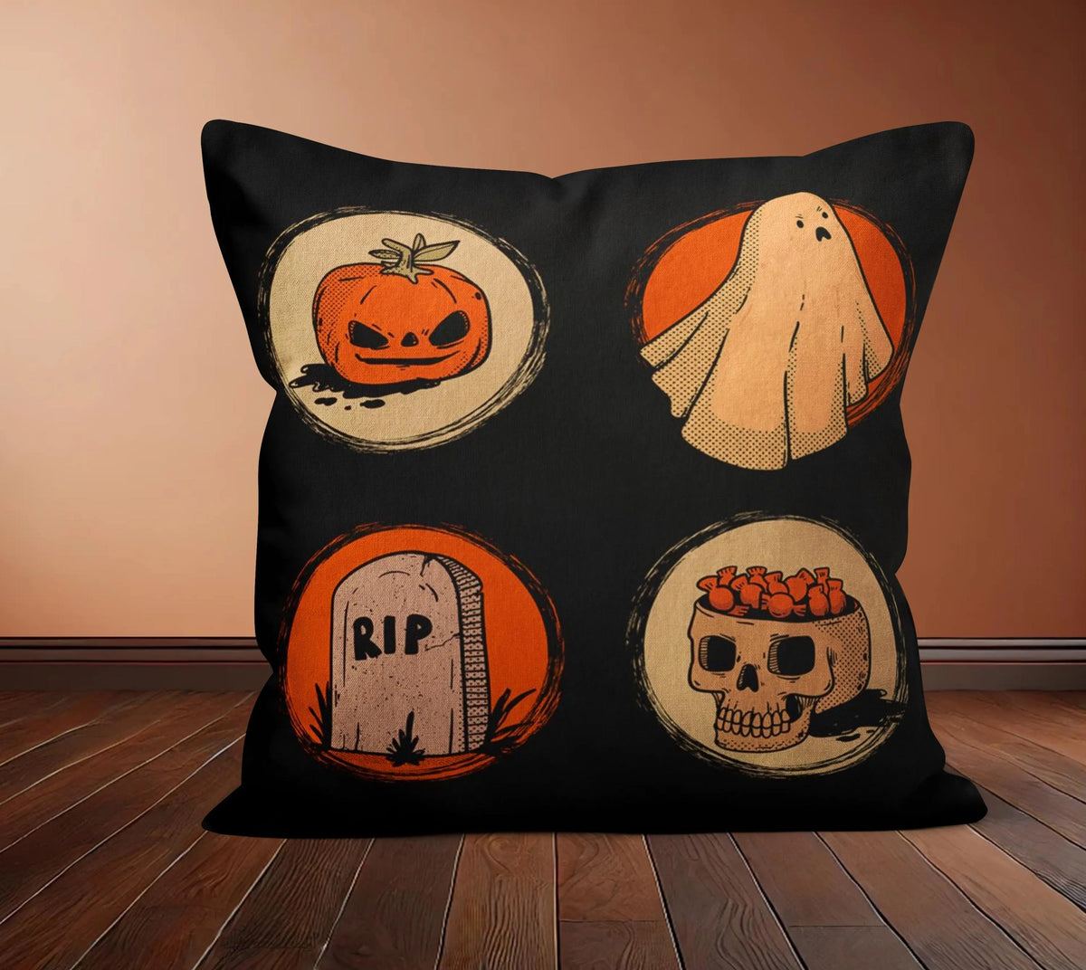 Black Halloween Accent Pillow Cover, Spooky Ghosts & Orange Pumpkin Cushion Case, Creepy Festive Throw Pillow, Fall Home Decor, Halloween Gift