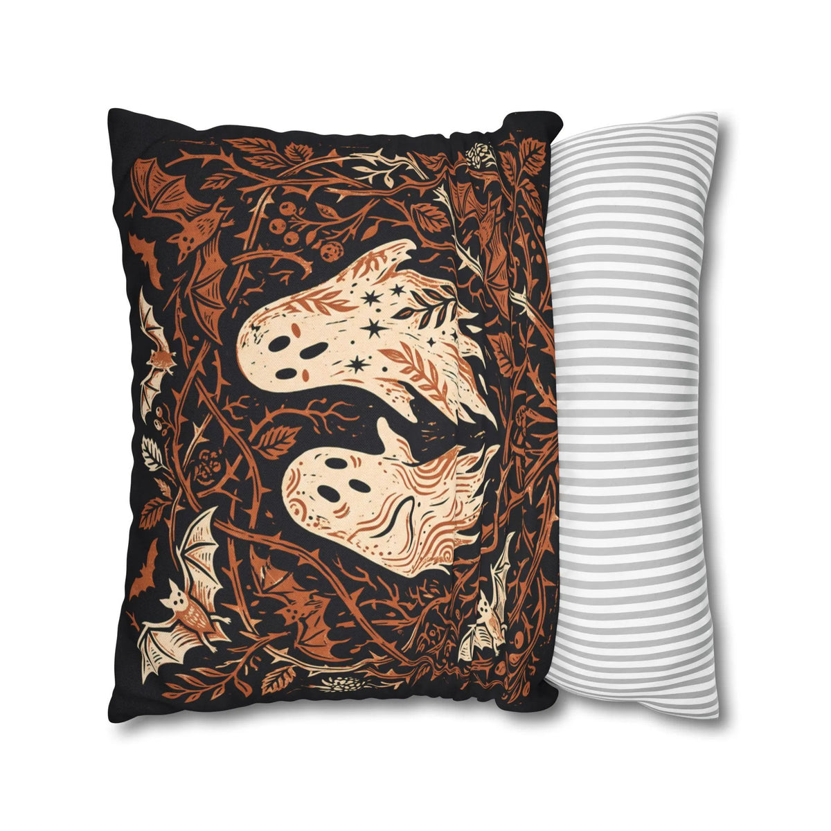 Black Halloween Throw Pillow Cover, Cute Ghost & Bats Cushion Case, Vintage Spooky Season Decor, Dark Academia Fall Home Accent