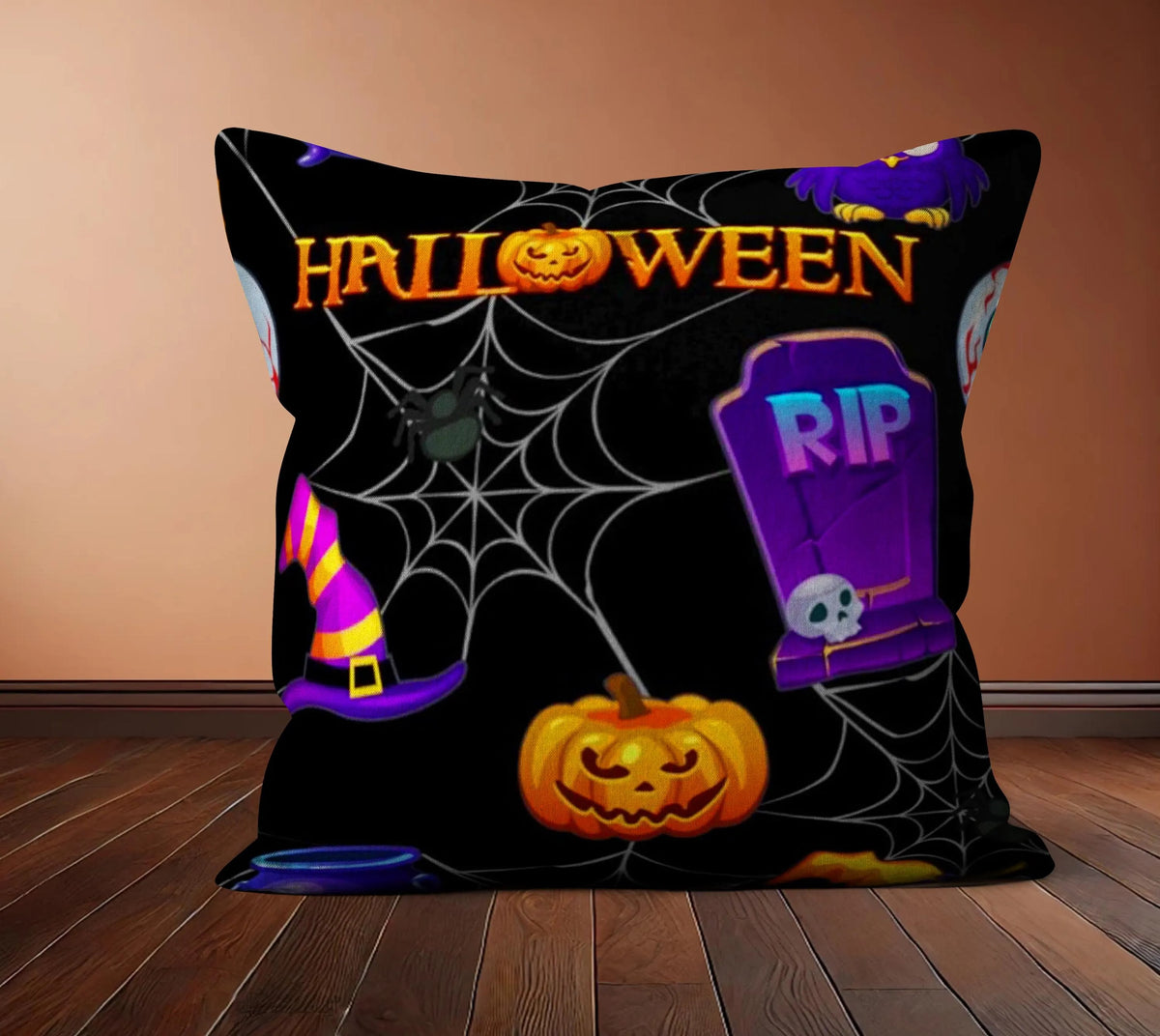 Black Halloween Accent Pillow Cover, Spooky Ghosts & Orange Pumpkin Cushion Case, Creepy Festive Throw Pillow, Fall Home Decor, Halloween Gift