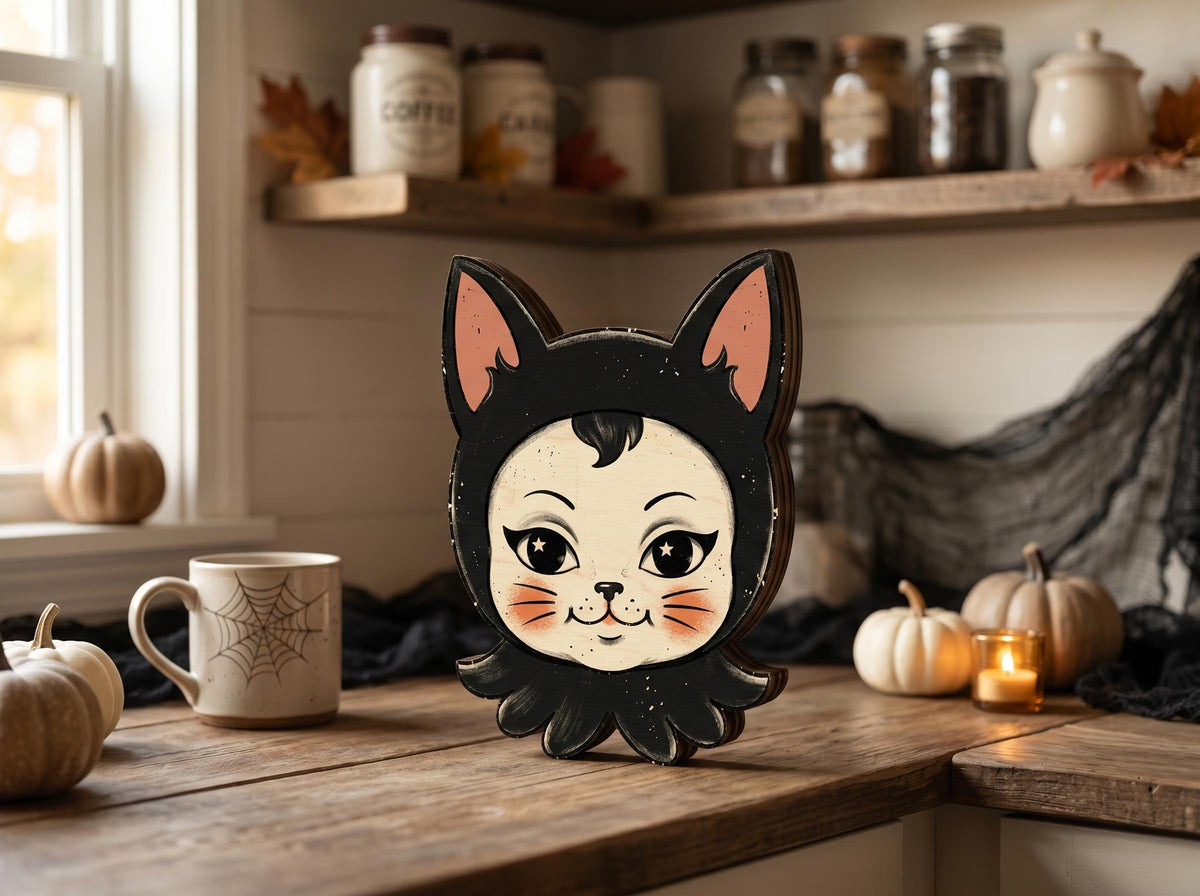 Vintage Halloween Wooden Block Decor, Retro Shelf Sitter with Ghost Pumpkin Black Cat Clown Bat, Rustic Indoor Home Decoration, Housewarming Gift
