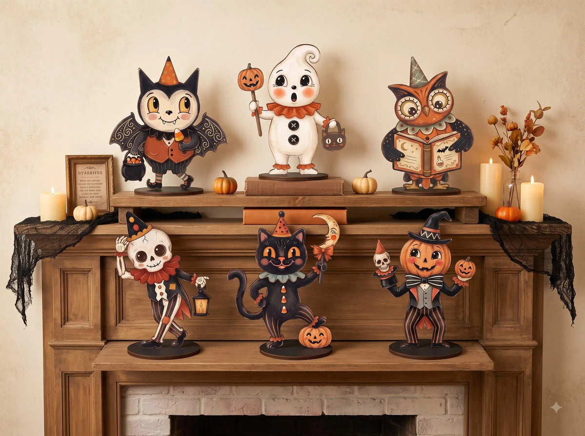 Vintage Halloween Wooden Plaque, Retro Shelf Decor, Cute Ghost Pumpkin Black Cat Skeleton Witch Owl, Rustic Indoor Halloween Decoration, Housewarming Gift