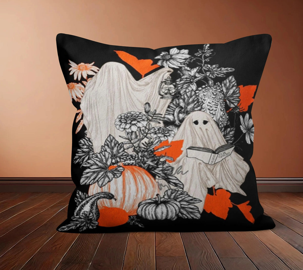 Black Halloween Accent Pillow Cover, Spooky Ghosts & Orange Pumpkin Cushion Case, Creepy Festive Throw Pillow, Fall Home Decor, Halloween Gift