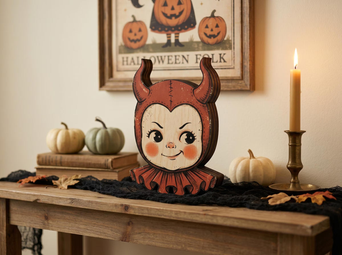 Vintage Halloween Wooden Block Decor, Retro Shelf Sitter with Ghost Pumpkin Black Cat Clown Bat, Rustic Indoor Home Decoration, Housewarming Gift