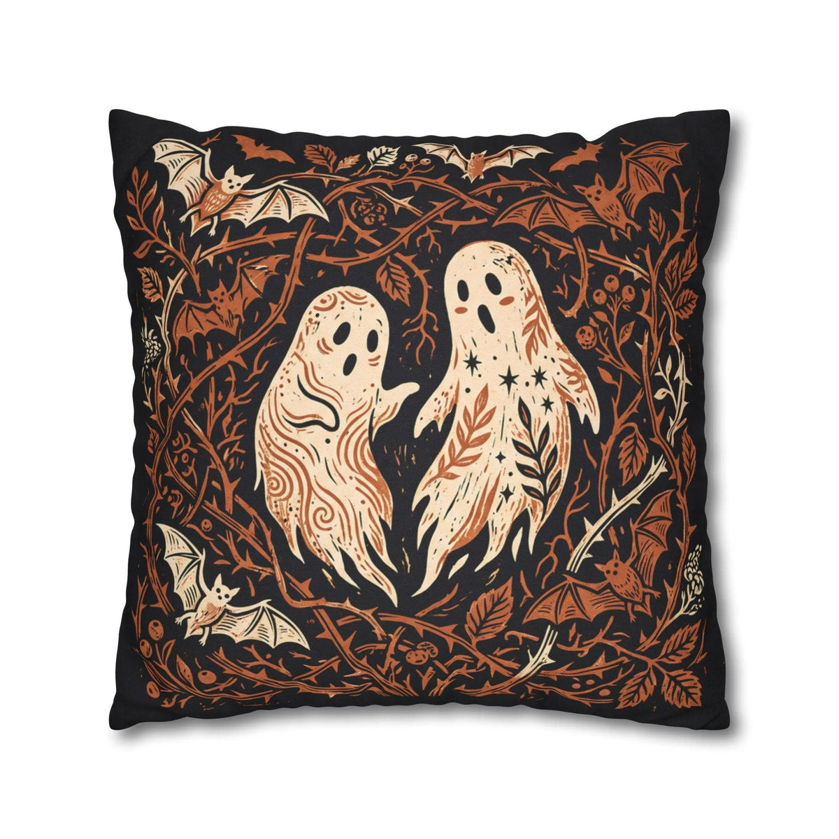 Black Halloween Throw Pillow Cover, Cute Ghost & Bats Cushion Case, Vintage Spooky Season Decor, Dark Academia Fall Home Accent