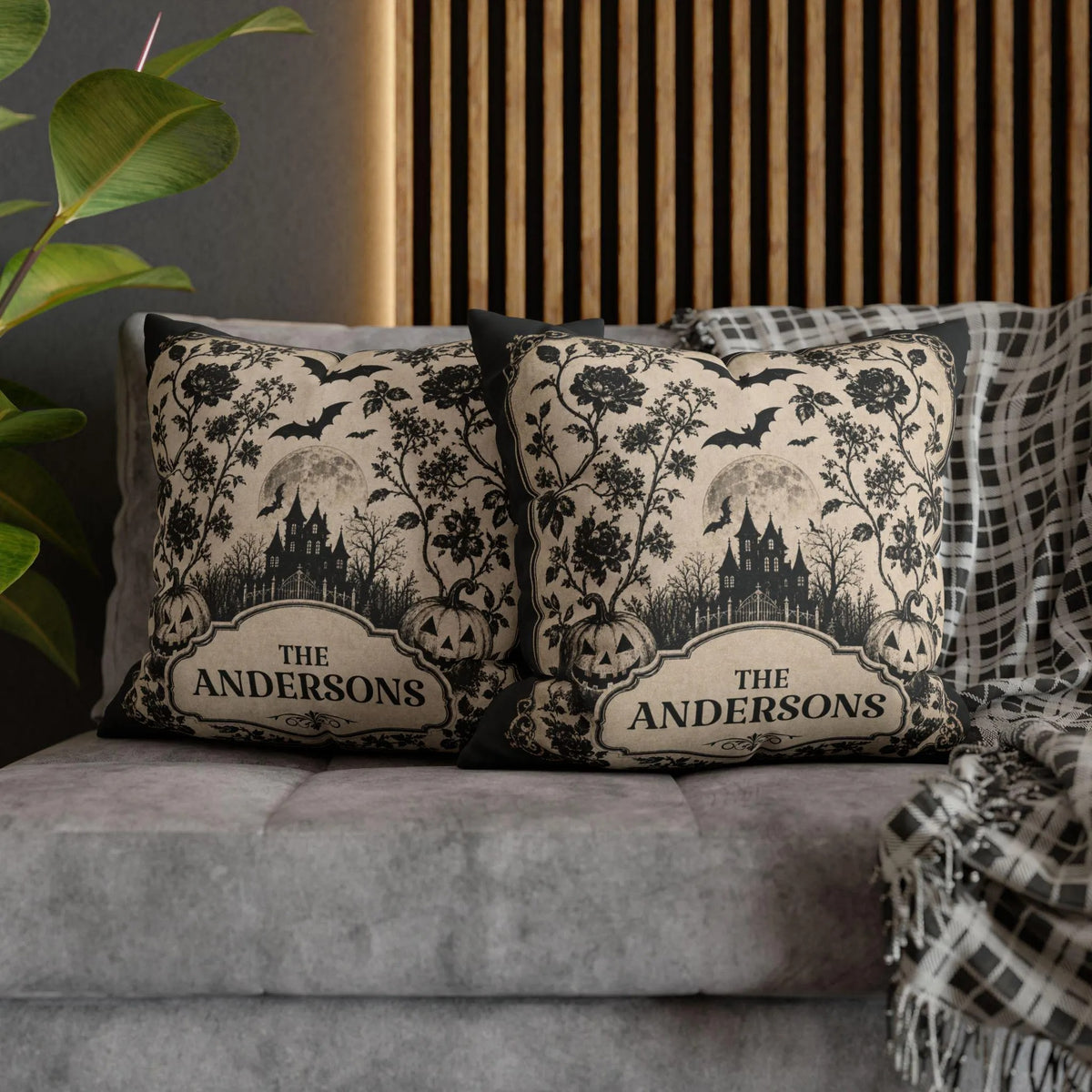 Custom Halloween Throw Pillow Cover, Black Beige Vintage Gothic Family Name Cushion Case, Spooky Fall Home Decor, Personalized Square Pillow