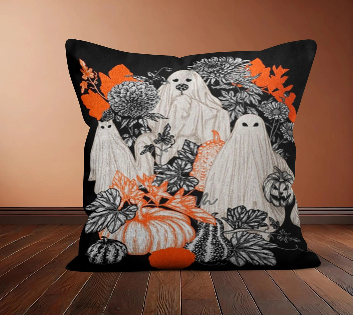 Black Halloween Accent Pillow Cover, Spooky Ghosts & Orange Pumpkin Cushion Case, Creepy Festive Throw Pillow, Fall Home Decor, Halloween Gift