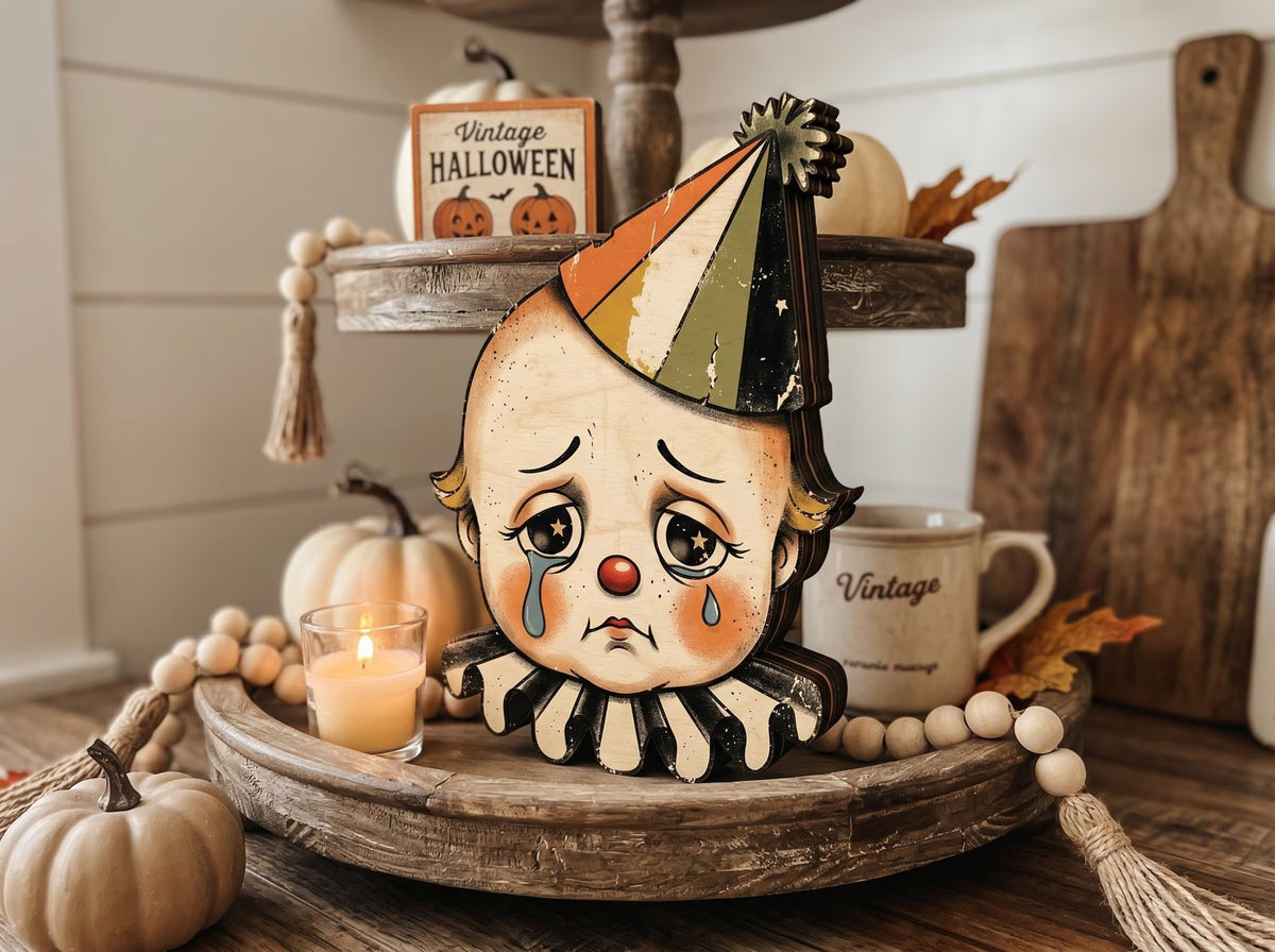 Vintage Halloween Wooden Block Decor, Retro Shelf Sitter with Ghost Pumpkin Black Cat Clown Bat, Rustic Indoor Home Decoration, Housewarming Gift