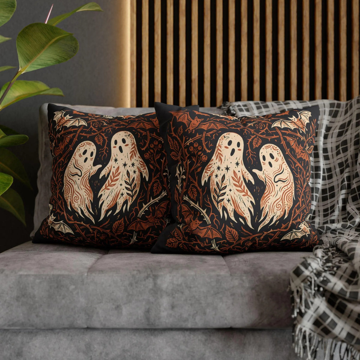Black Halloween Throw Pillow Cover, Cute Ghost & Bats Cushion Case, Vintage Spooky Season Decor, Dark Academia Fall Home Accent