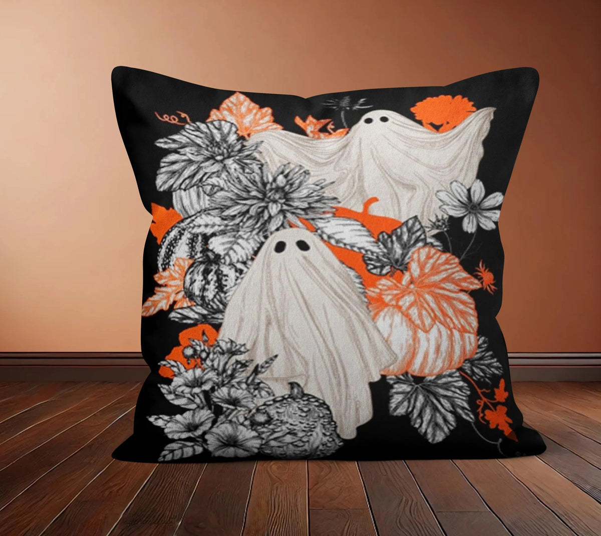 Black Halloween Accent Pillow Cover, Spooky Ghosts & Orange Pumpkin Cushion Case, Creepy Festive Throw Pillow, Fall Home Decor, Halloween Gift